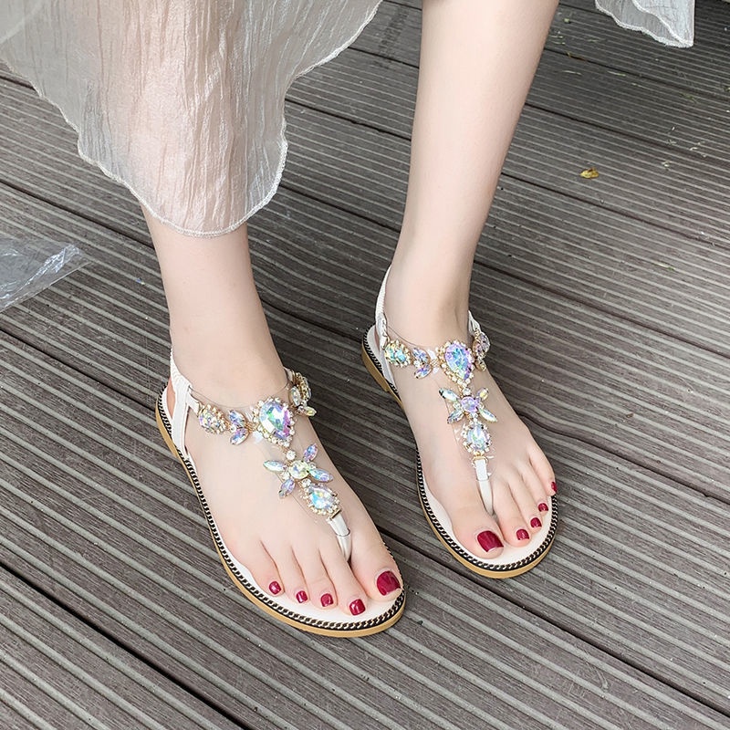 Giày Sandals Đế Bằng Đính Đá Trang Trí Lấp Lánh Thời Trang Cho Nữ