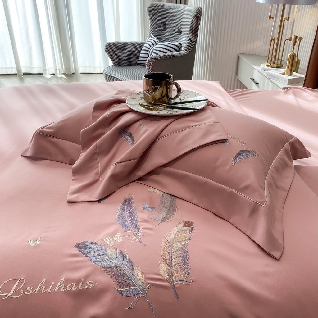 Bộ chăn ga gối Cotton 100% họa tiết thêu lông vũ sang trọng, chất liệu nhập khẩu cao cấp mềm mịn thoáng mát - Bông.Decor