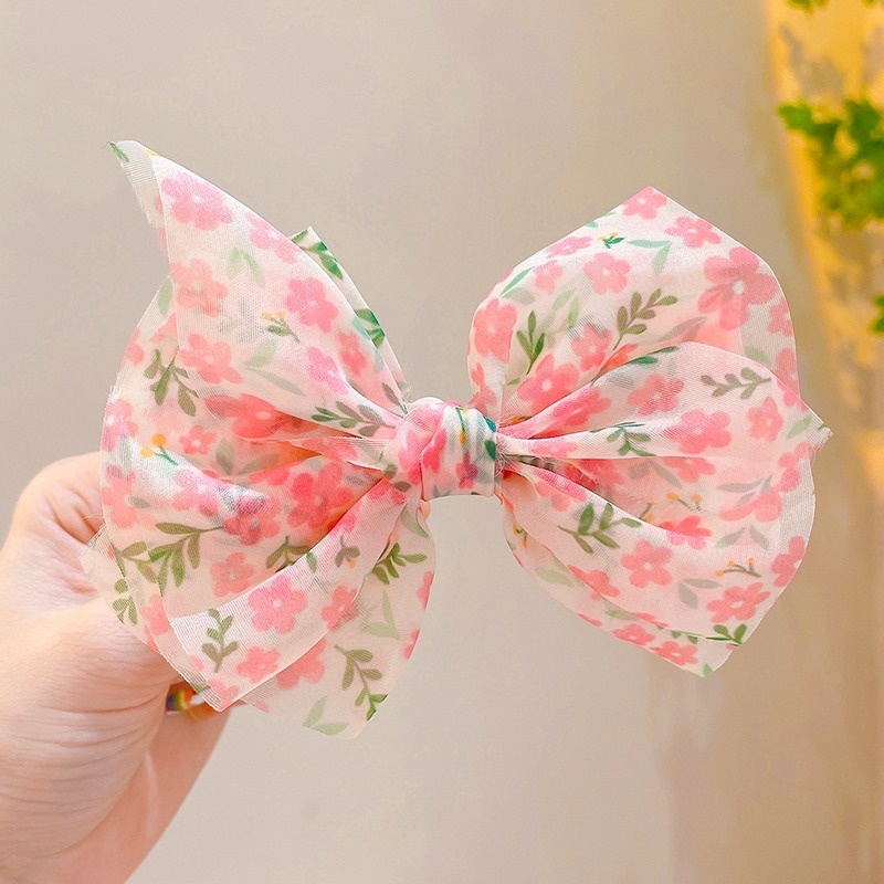 Kẹp Tóc Nơ Vải Voan Họa Tiết Hoa Phong Cách Hàn Quốc Ngọt Ngào