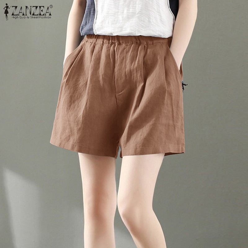 ZANZEA Quần ngắn ống rộng Lưng Thun Màu Trơn Thời Trang Cho Nữ