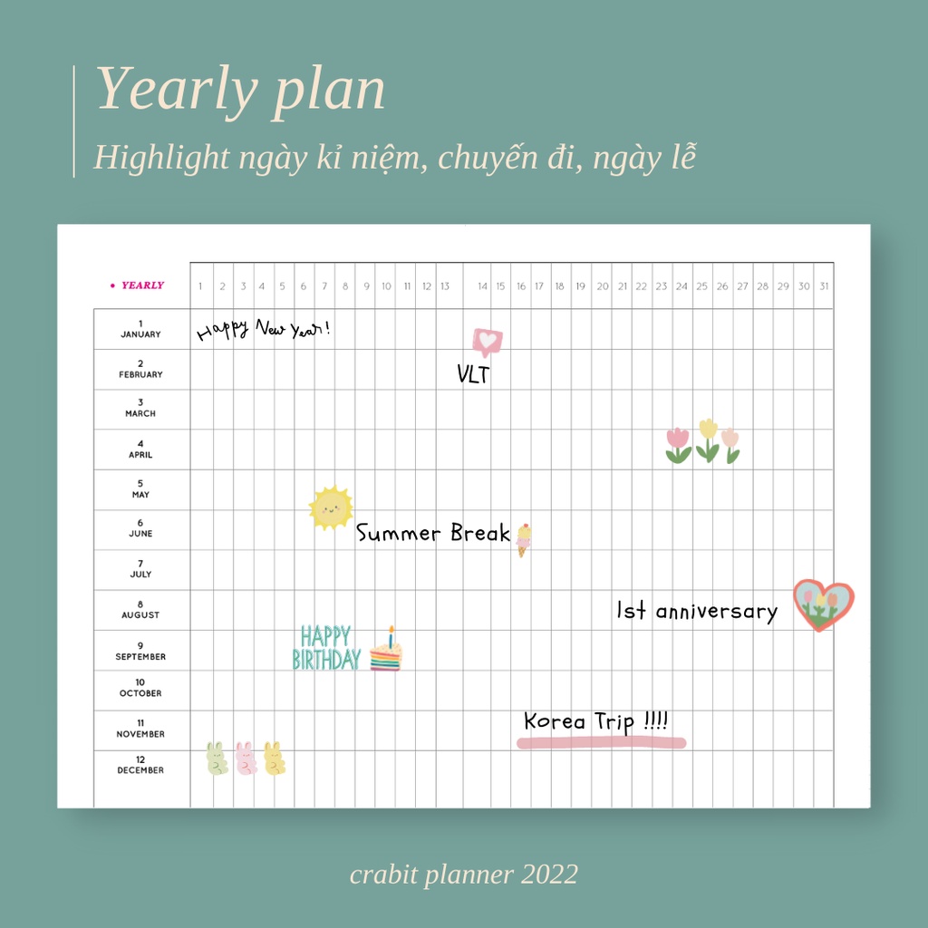 Sổ lịch planner A5 Crabit Sổ kế hoạch 12 tháng không in ngày bìa pastel có túi bìa sau