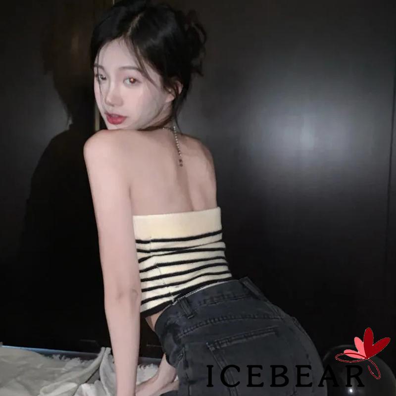 ICE-Women Bandeau Tops Striped Slim Fit Sleeveless Crop Tops Streetwear Party Club Wear