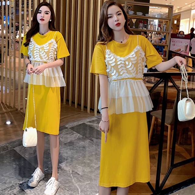 (Order-ảnh thật) Bigsize Đầm suông phối yếm ren xoè peplum liền