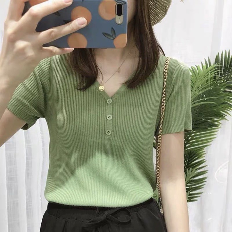 Áo len ngắn tay cổ V cúc ngực Ulzzang style  Hàng Quảng Châu