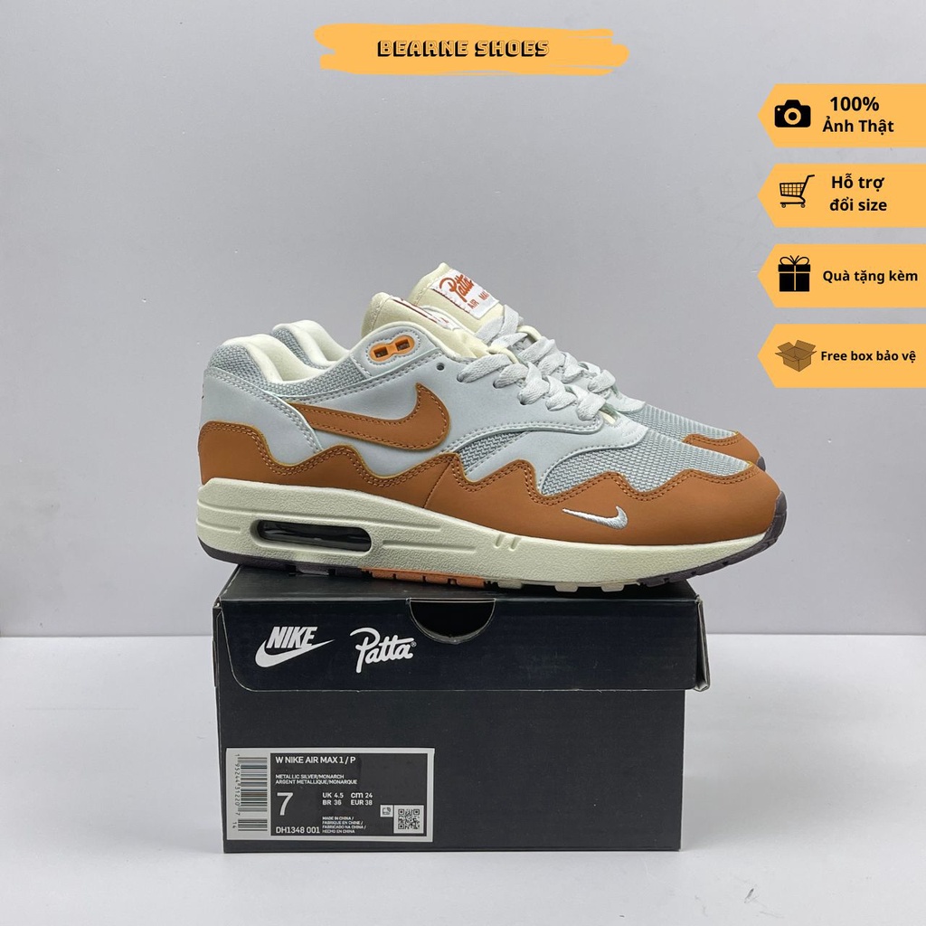 Giày Sneaker air max 1 Patta Waves cam trắng , Giày thể thao thương hiệu Nice Sneaker nam nữ - Fullbox | Bearne Shoe