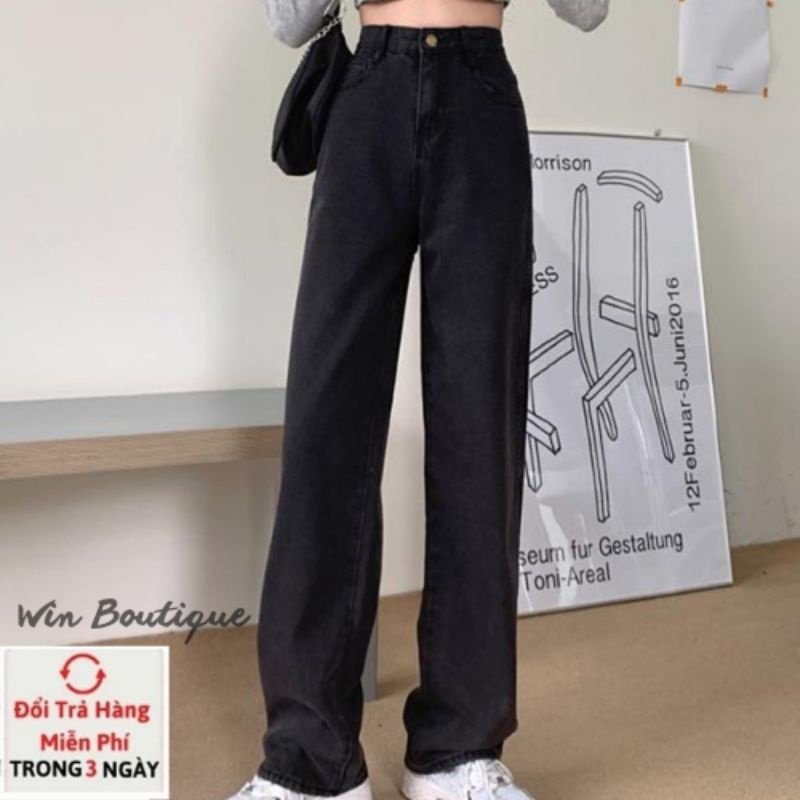 Quần bò ống rộng nữ đen cạp cao hót trend 2021 win boutique