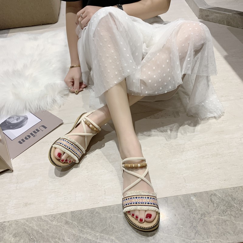 Giày sandal đế bằng đan dây phong cách Bohemian thiết kế độc đáo thời trang cho nữ