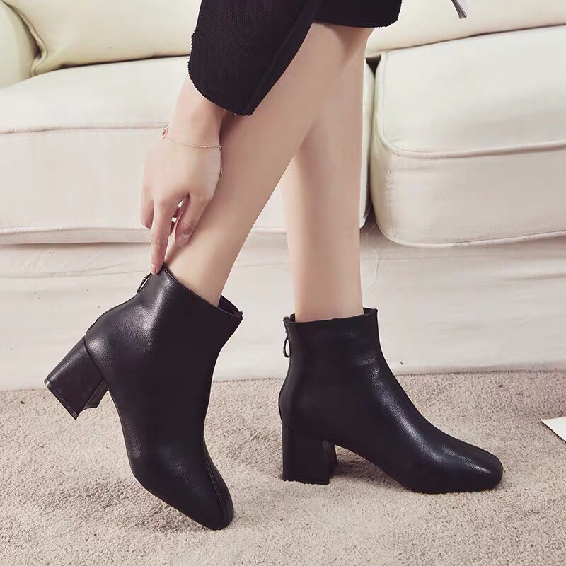 Boot Nữ Cổ Ngắn Chất Da Gót Vuông Gân Móc Khoá Sau - 8257 móc tròn | BigBuy360 - bigbuy360.vn