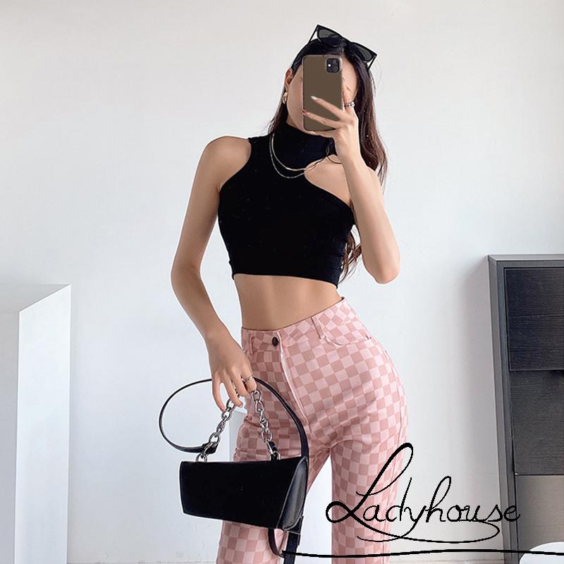 Áo Croptop Không Tay Cổ Cao Màu Sắc Đơn Giản Cho Nữ