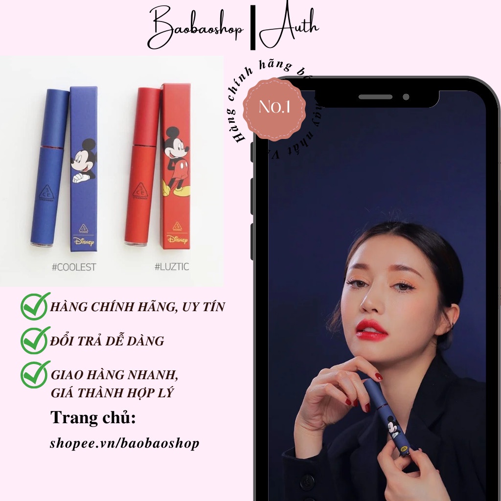 Son tint 3CE Mickey phiên bản giới hạn đỏ lanh và cam san hô vẻ đẹp tươi tắn cho mọi đôi môi