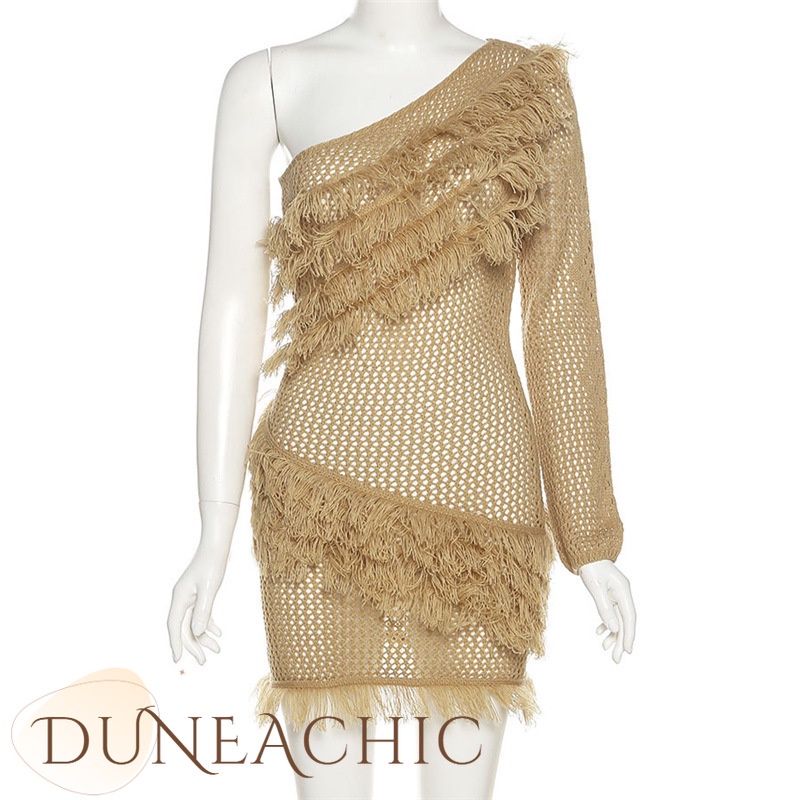DUNEA Đầm Dệt Kim Nữ Tay Dài Xuyên Thấu Có Tua Rua Xuyên Thấu Gợi Cảm DUNEA