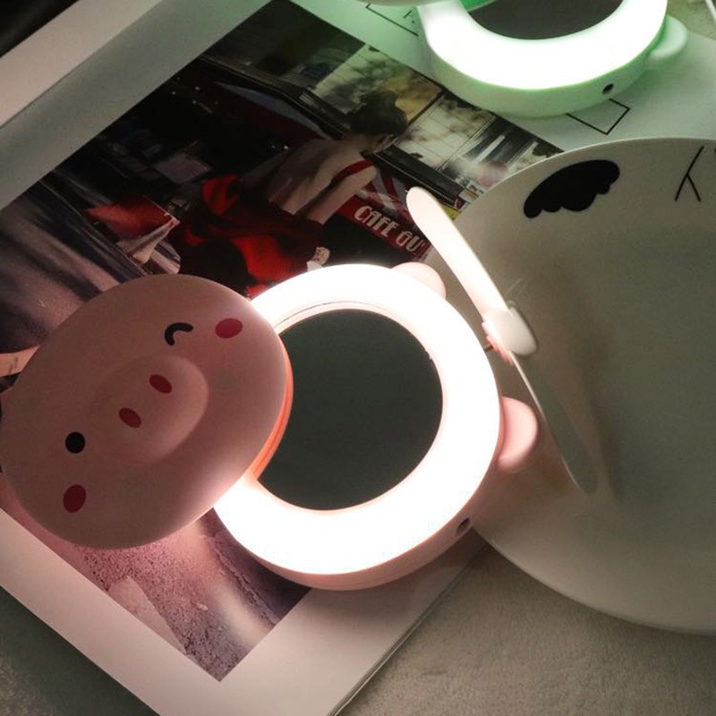 Quạt đèn LED mini có gương trang điểm vòng đèn LED cổng sạc USB thiết kế hình lợn nhỏ gọn đáng yêu