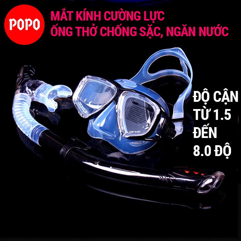 Kính lặn cận thị kèm ống thở POPO mặt nạ lặn mắt kính cường lực, Ống thở ngăn nước dùng đi bơi lội, lặn biển, đi biển