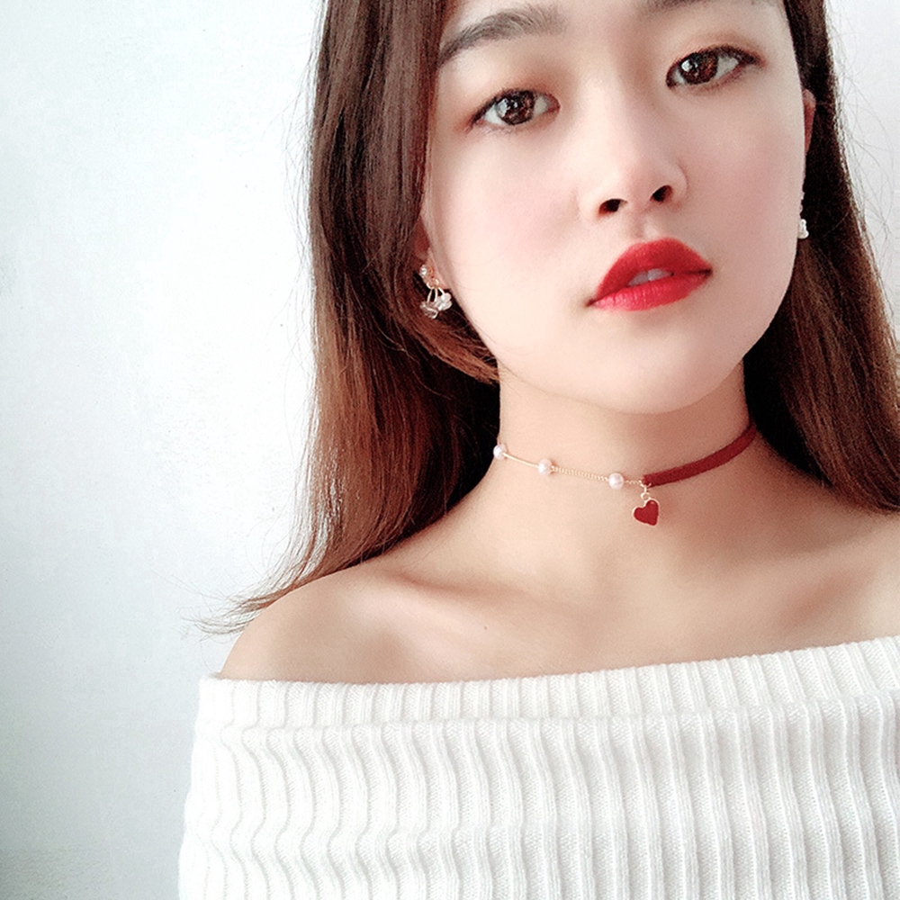 Wild Cute Heart Pendant Velvet Belt Pearl Short Necklace Neck Strap Clavicular Chain Women