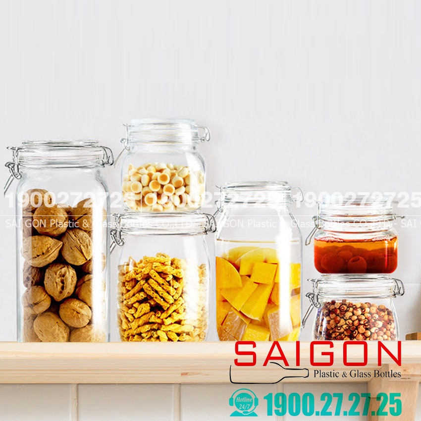 Hũ Thủy Tinh HGT Nắp Cài Thép Có Ron | Tùy Chọn Dung Tích , hình Dáng