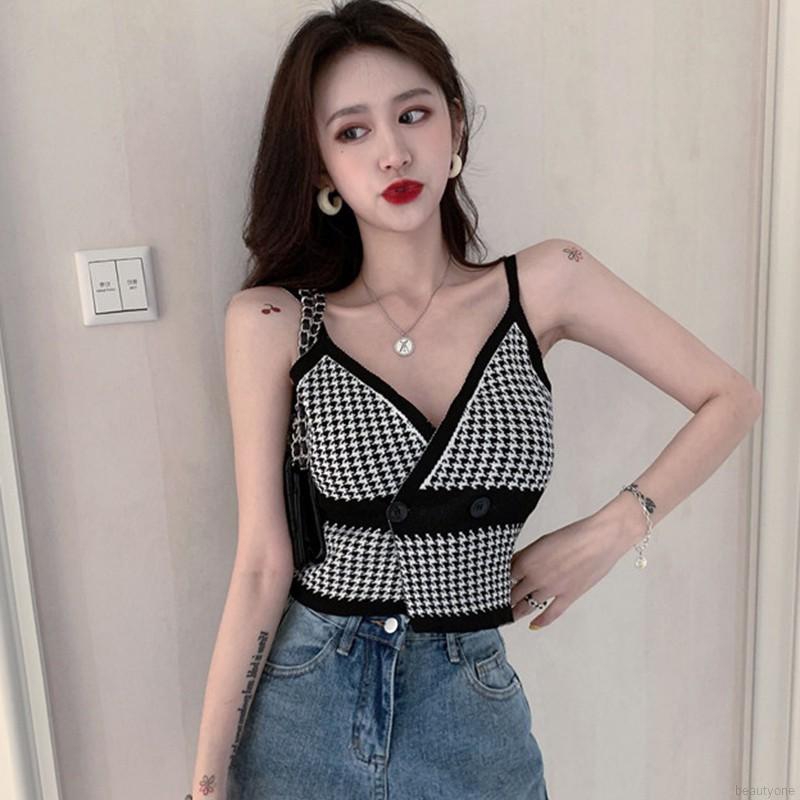 Áo dệt kim không tay họa tiết caro cổ V thời trang cho nữ | BigBuy360 - bigbuy360.vn