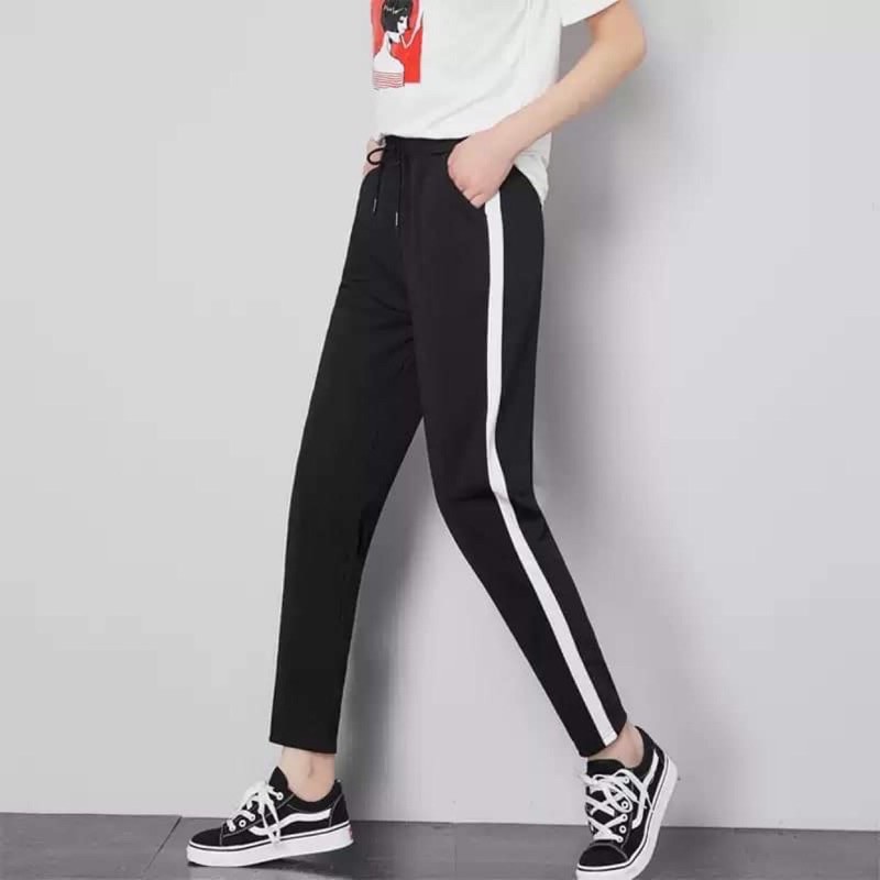 Quần thể thao nữ dài lưng thun vải umi cạp chun sọc trắng Quần jogger nữ màu đen Co giãn 4 Chiều mặc mùa hè đi học ở nhà