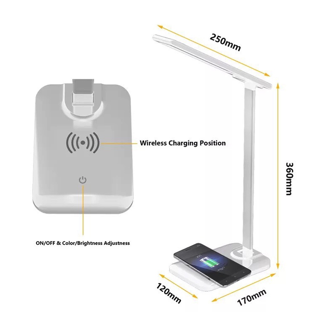 Đèn học để bàn Led Có sạc điện thoại không dây Qi 10W, 3 Chế độ sáng, Cổng sạc USB 5V