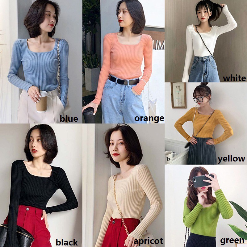 Áo Thun Dệt Kim Tay Dài Cổ Vuông Màu Trơn Thiết Kế Đơn Giản Cho Nữ