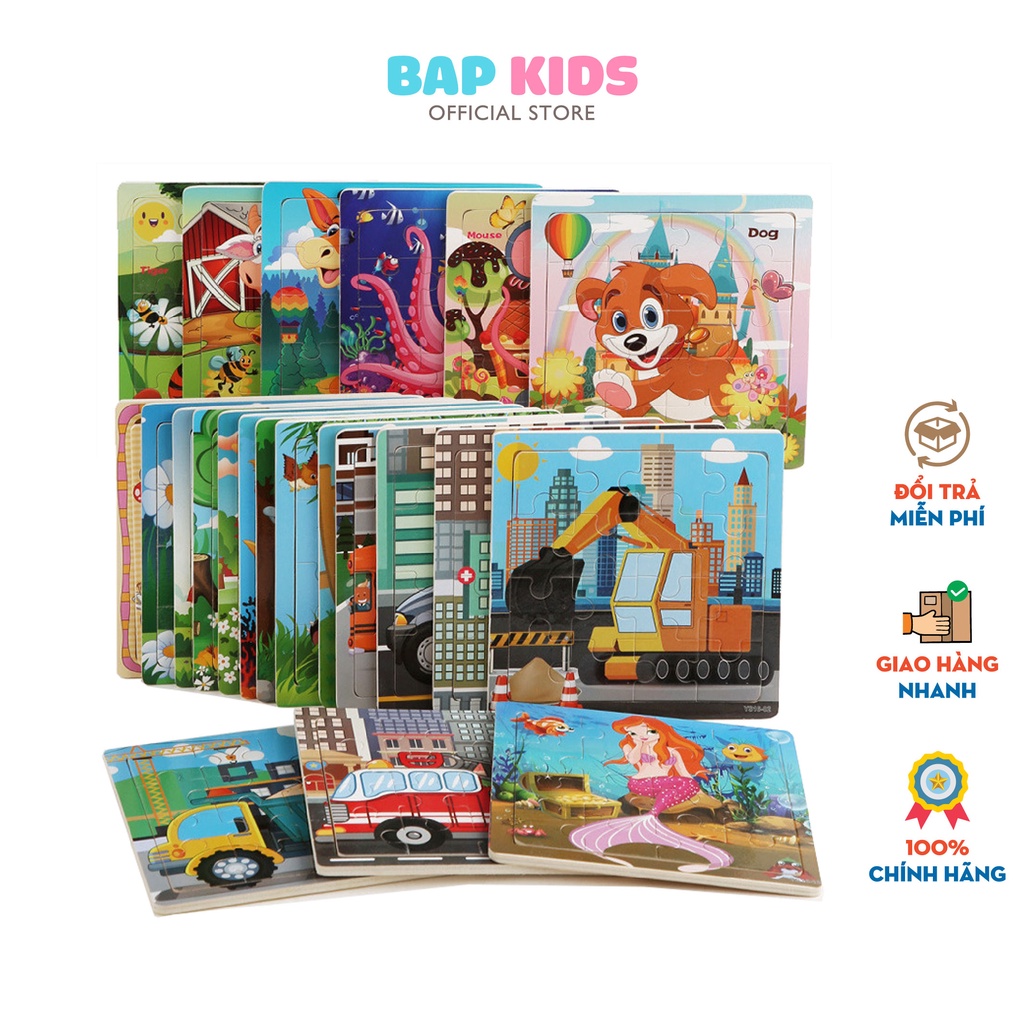 Đồ Chơi BAPKIDS Tranh Ghép Hình 16 Mảnh Bằng Gỗ 15x15cm