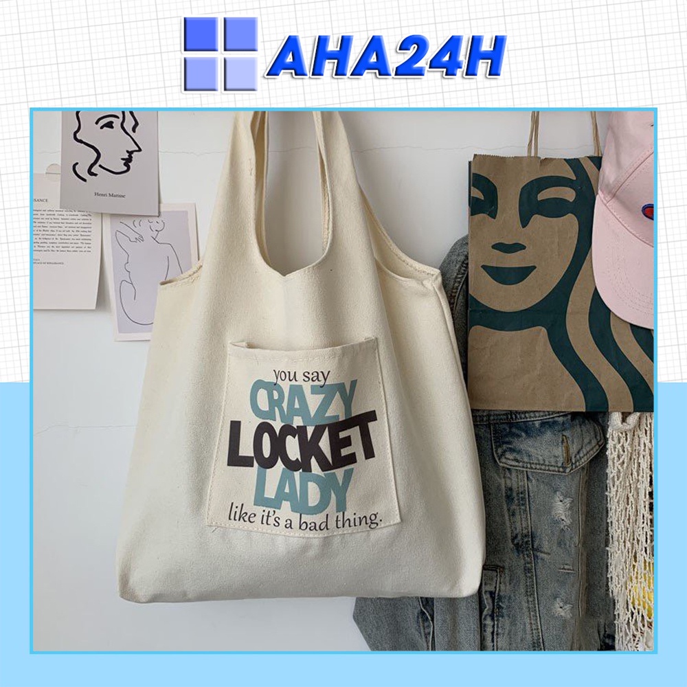 Túi tote vải canvas đi học đi chơi có túi nhỏ xinh in CRAZY LOCKET LADY AH1638