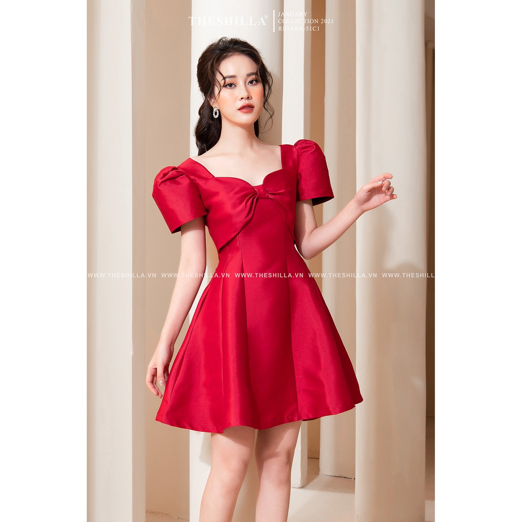 Váy thiết kế cao cấp màu đỏ phối nơ trước ngực tay phồng [ Có video + Ảnh thật ] The Shilla - Rihana-51C1 | BigBuy360 - bigbuy360.vn