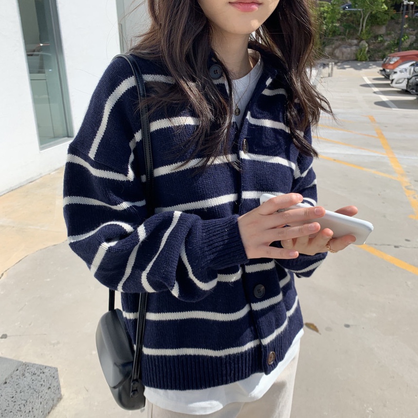 Áo Khoác Cardigan Dệt Kim Cổ Bẻ Dáng Rộng Kẻ Sọc Kiểu Retro Phương Tây Thời Trang Thu Đông 2022 Cho Nữ