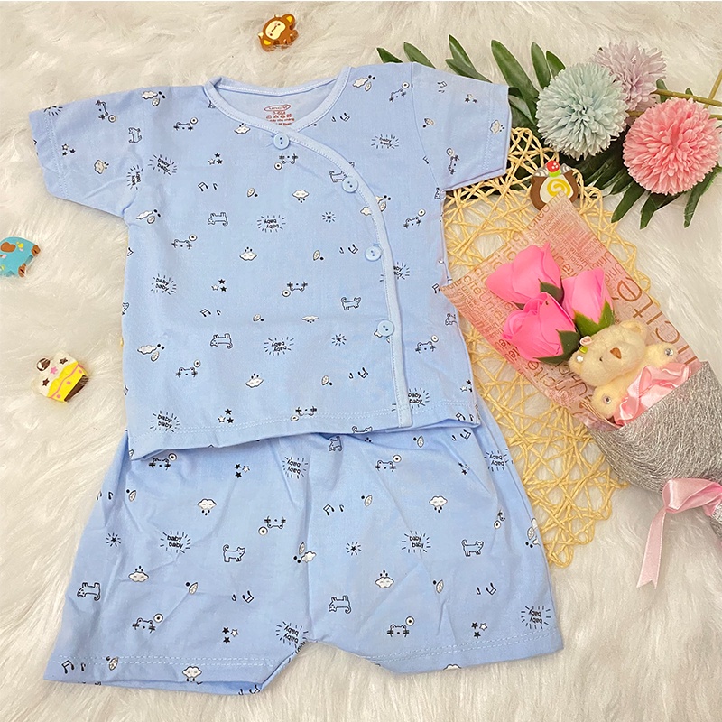 Bộ cộc tay khuy lệch cho bé sơ sinh 0-9 kg chất cotton in họa tiết _B47