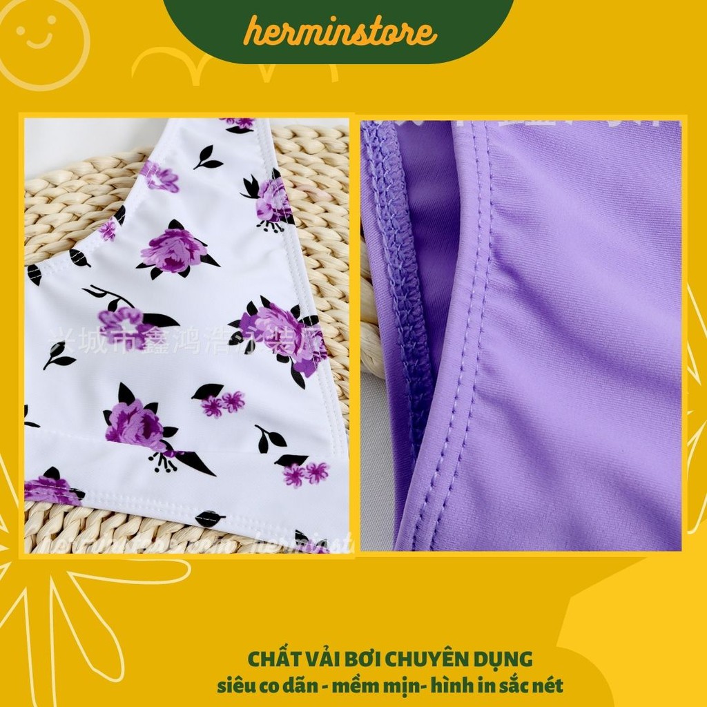 Bikini nữ 2 mảnh - đồ bơi nữ 2 mảnh màu trắng hoa tím phong cách Hàn Quốc siêu tôn dáng - Mã BNR06