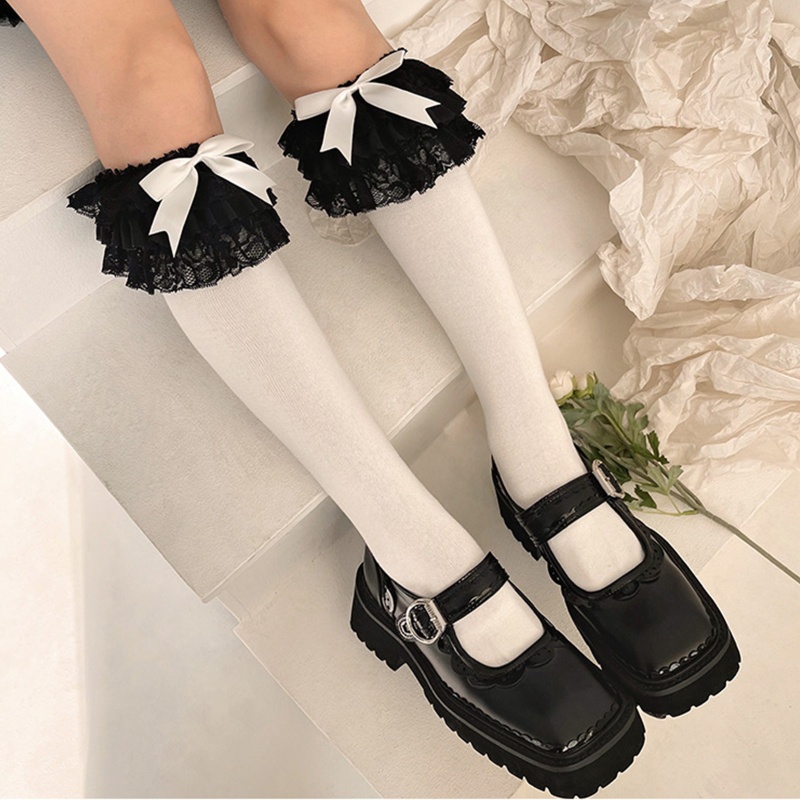 1 Cặp Tất Ren Phối Nơ Dài Đến Đầu Gối Màu Trắng Đen Phong Cách Lolita Cho Nữ