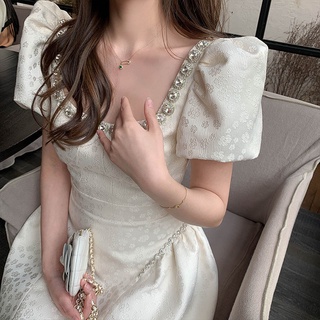 Bubble sleeve dress women's summer 2022 new French style jacquard nail drill high waist thin fluffy small black dress