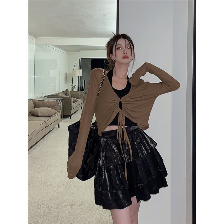 COZOK Set Áo Thun Tay Dài Chống Nắng + Áo Hai Dây Rút Dây Thời Trang Gợi Cảm Cho Nữ