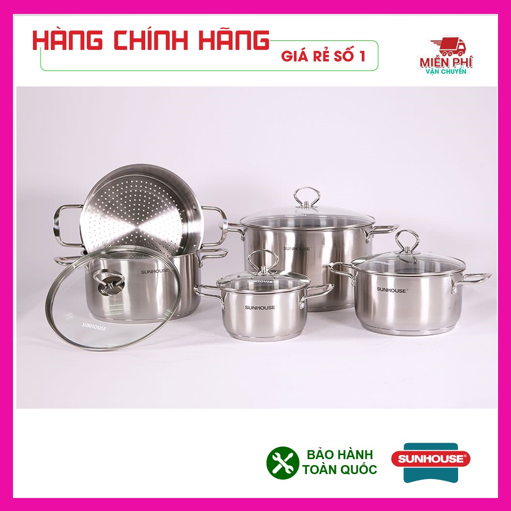 Bộ nồi inox 4 nồi + xửng hấp 3 đáy Sunhouse SH895, bộ nồi Sunhouse dùng cho bếp từ, siêu to khổng lồ