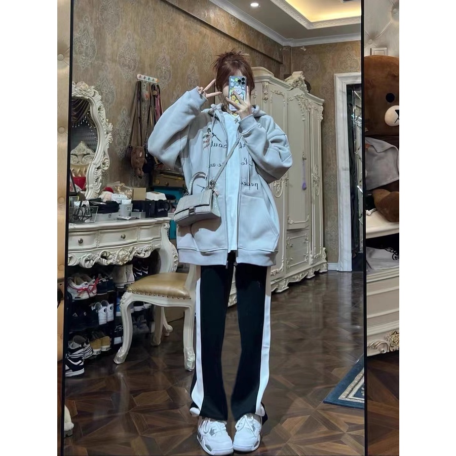 【ZHELIHANGFEI】Quần Dài Lưng Cao Ống Rộng Màu Đen Thời Trang Trẻ Trung