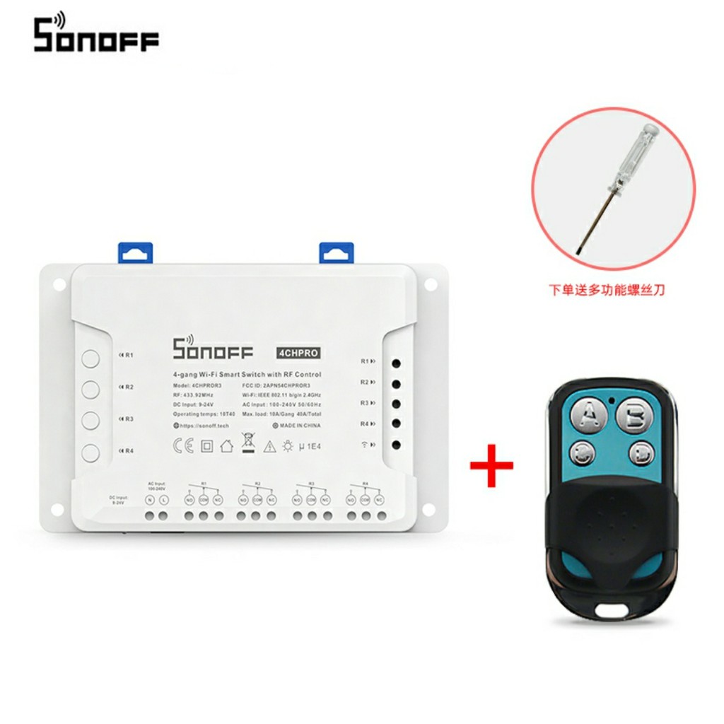 Công tắc thông minh Sonoff 4ch Pro kèm Remote RF 433Mhz 4 kênh-FEESHIP-Công tắc điều khiển từ xa bằng điện thoại