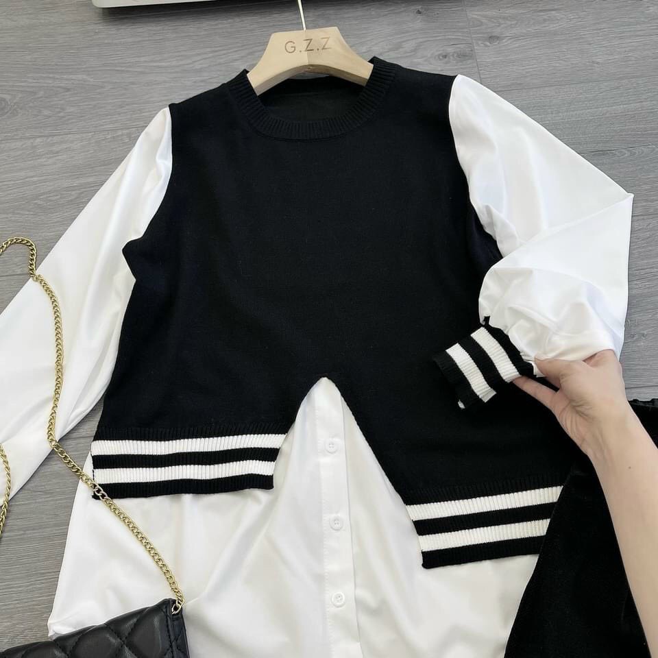 LOVISHOP- Áo babydoll trắng đen sọc bo tay Lovi