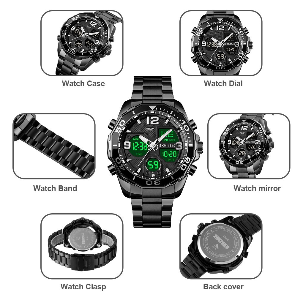 SKMEI 1649 Fashion Men's Watch Digital Sports Chronograph Waterproof Stainless Steel Strap