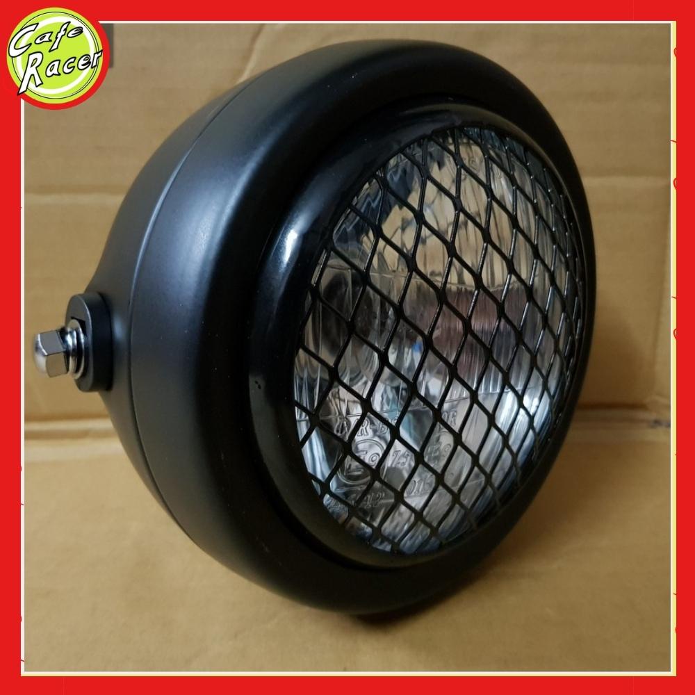 Đèn pha xe máy độ 6,5 icnh cho dòng xe classic gáo sắt sơn đen mặt kính thủy tinh sẵn lưới mắt cáo