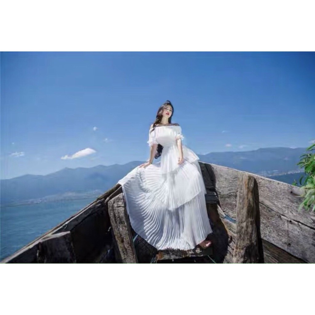 Đầm Bèo Tầng, Váy Maxi Trễ Vai V1333,Chất Lụa Mềm Mát, Màu Đỏ, Tắng, Tuyệt Phẩm Cho Tín Đồ Sống Ảo, Mẫu Hot Nhất Hè 2021