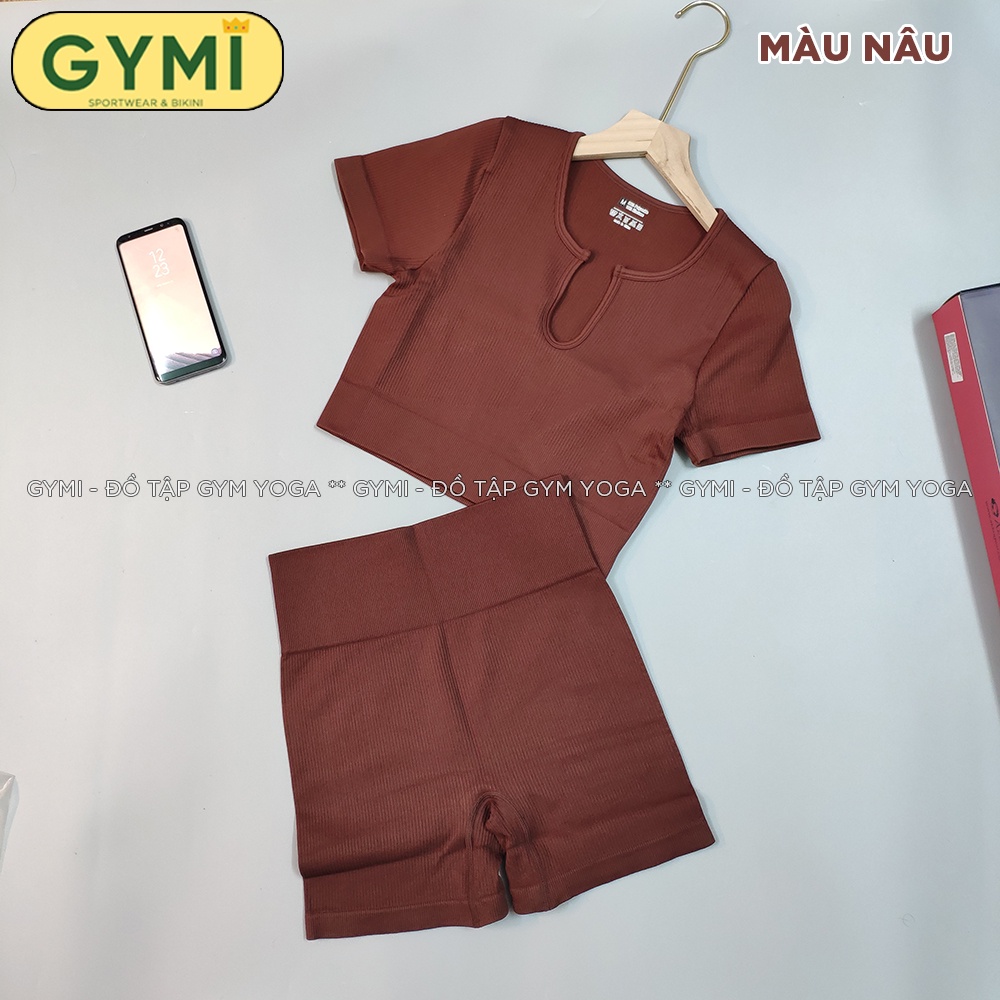 Set bộ đồ tập gym yoga nữ dáng lửng GYMI SET13 gồm áo ngắn tay và quần short chất thun gân dệt kim thể thao