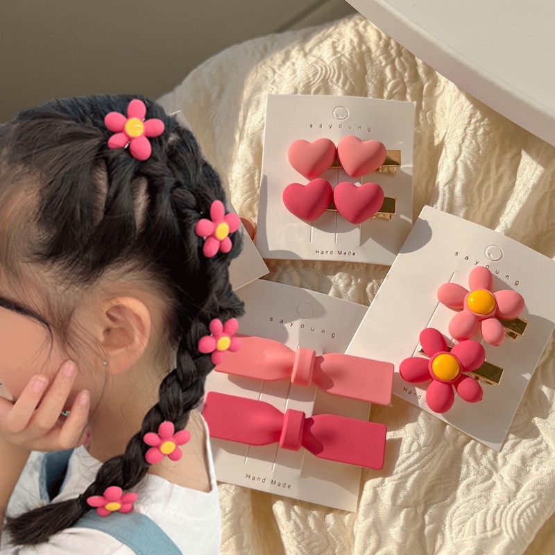 Set 2 Kẹp Tóc Hình Nơ / Hoa / Trái Tim Dễ Thương Đa Năng Thời Trang Cho Bé Gái