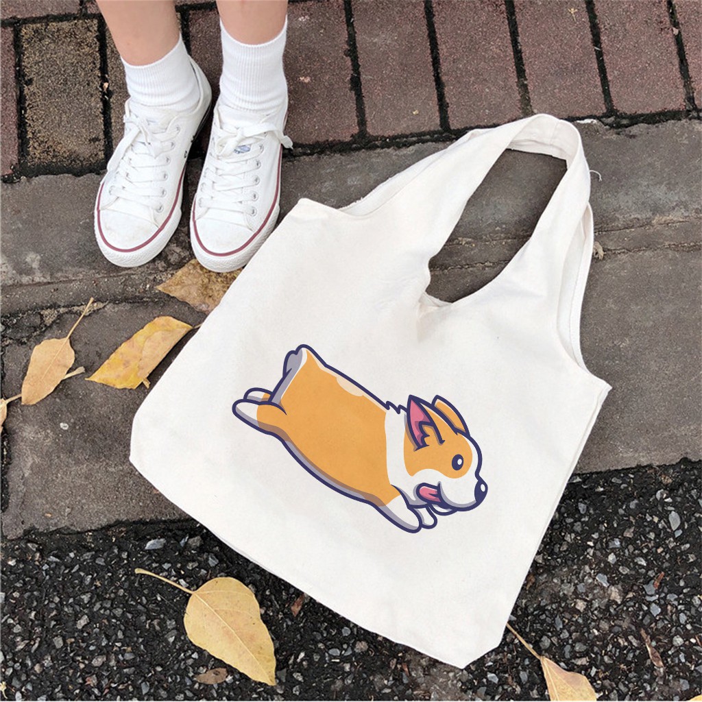 Túi Tote 💖FREESHIP💖 Vải Canvas Nữ Hàn Quốc Giá Rẻ In Hình Running Corgi Túi Tote Đi Học C1041