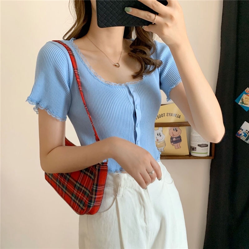 Áo Dệt Kim Tay Ngắn Phối Ren Dáng Ôm Quyến Rũ Trẻ Trung Cho Bạn Gái