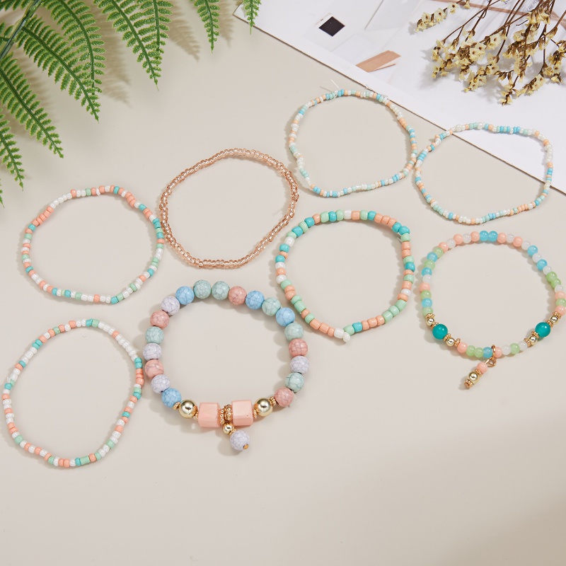 Set 8 Vòng Tay Chuỗi Hạt Đá Nhiều Màu Phong Cách Bohemia Thời Trang Cho Nữ