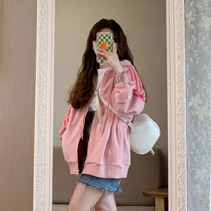 Áo khoác sweater XINLANYASHE lông cừu dày có khóa kéo màu hồng hợp thời trang dành cho nữ sinh