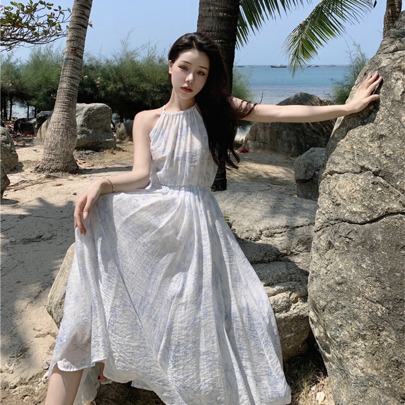 Đầm váy cổ yếm voan tơ hoa dáng xoè màu xanh phong cách Hàn Quốc