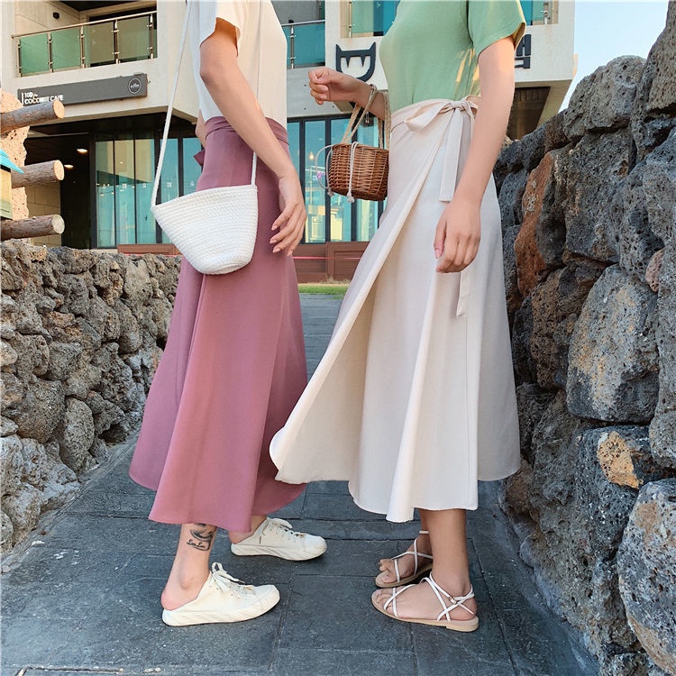 Solid color high waist chiffon Korean version lace-up one-piece skirt women's spring and summer mid-length A-line beach wrap skirt