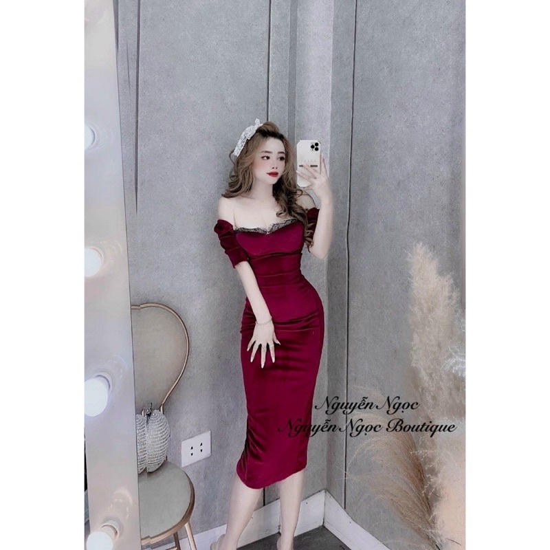Đầm ôm body tay ngắn dáng dài cúp ngực có mút nhung đỏ - TS37
