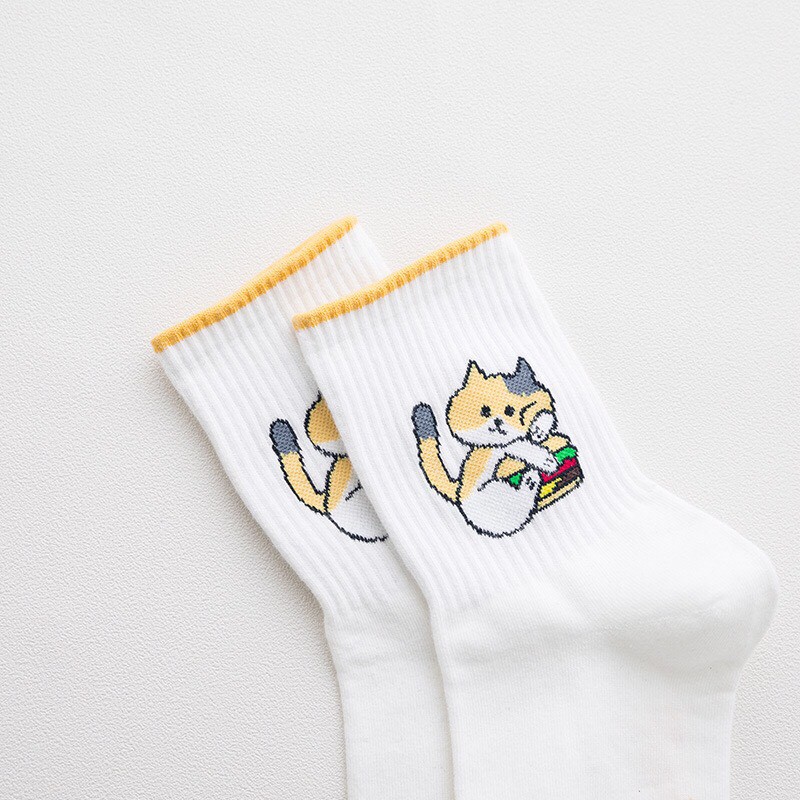 Tất vỡ nữ cổ cao trắng hình mèo con cute chất vải cotton đẹp phong cách Hàn Quốc