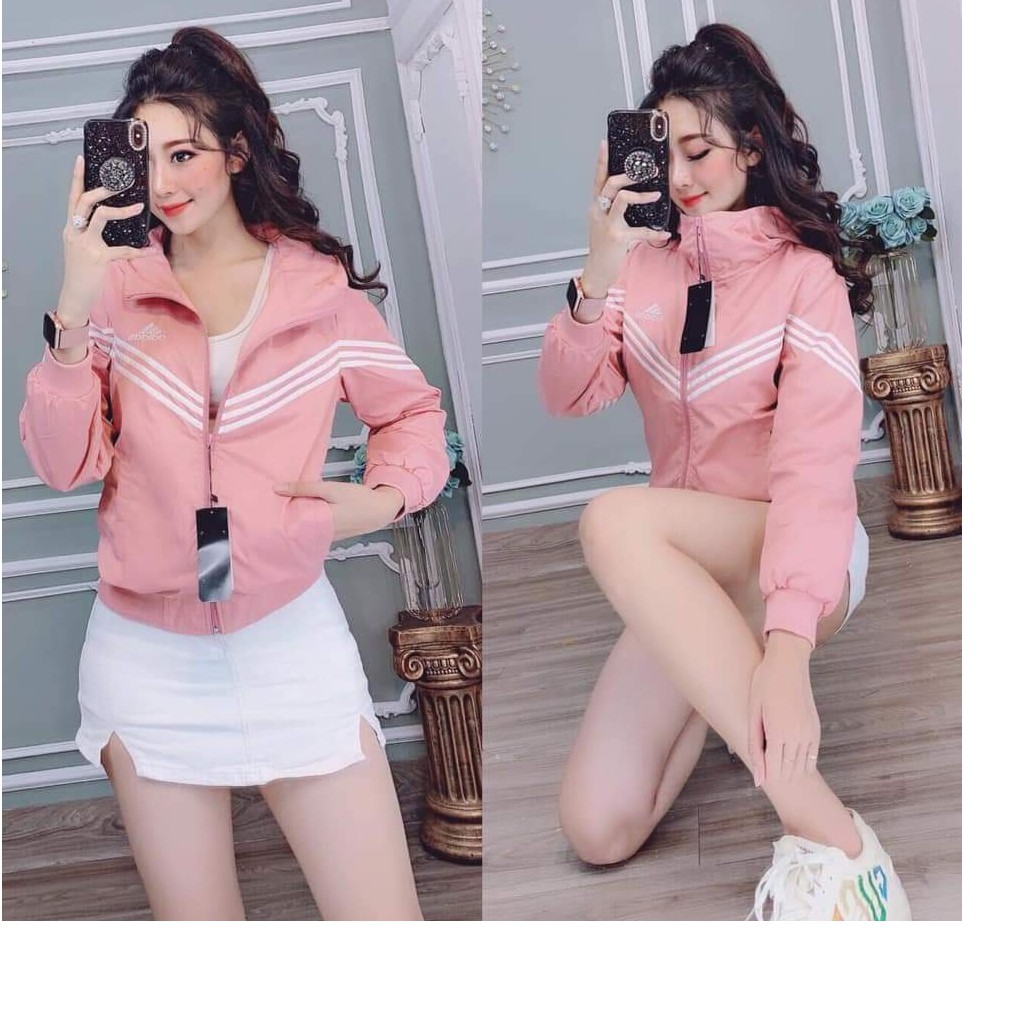 ÁO KHOÁC DÙ NỮ PHỐI 3 SỌC NGỰC ADDIDAT HOT CÓ MŨ CHẤT XỊN. ADH8